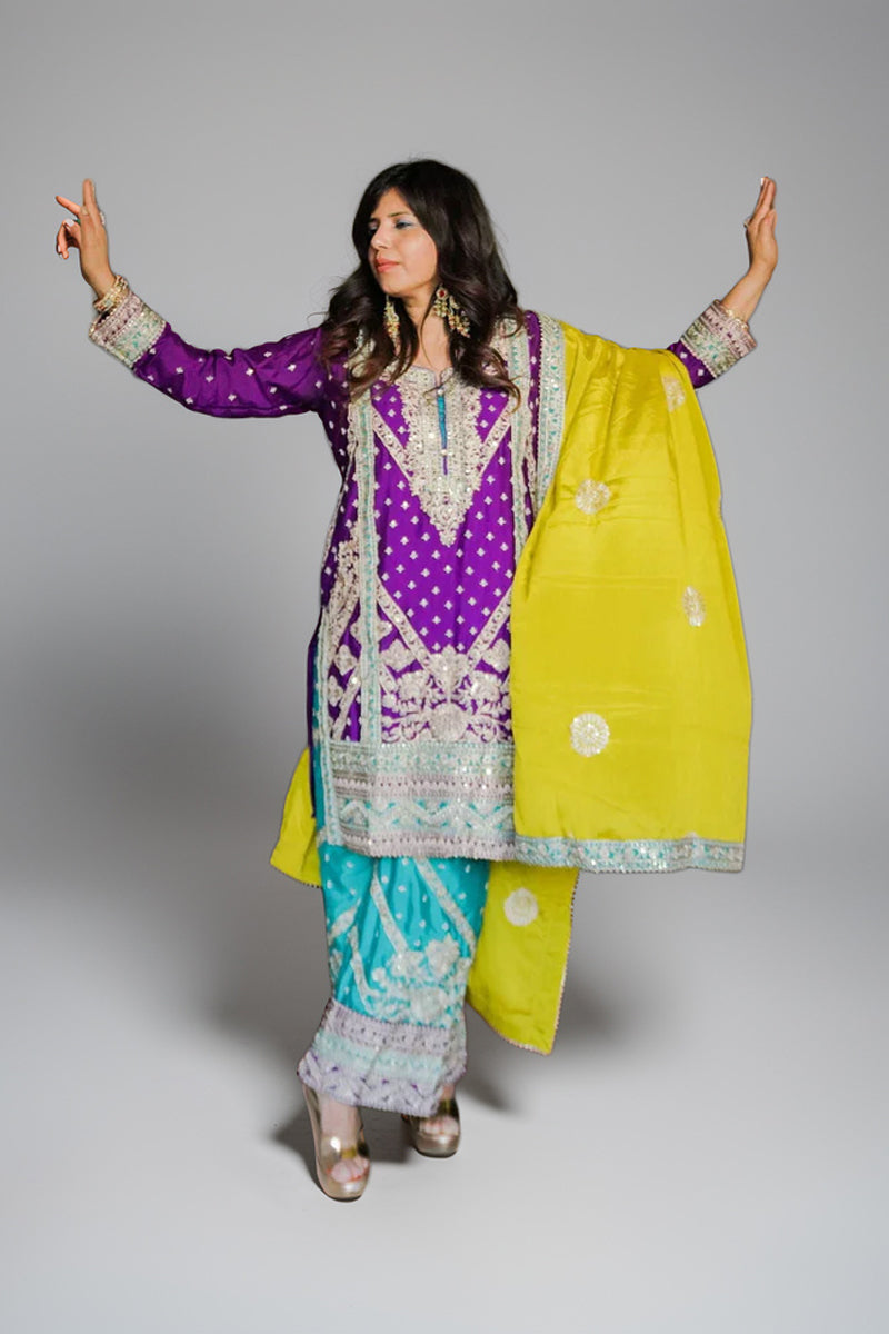 Purple Georgette Embroidered Suit with Sea Green Pants and Shiny Olive Green Dupatta