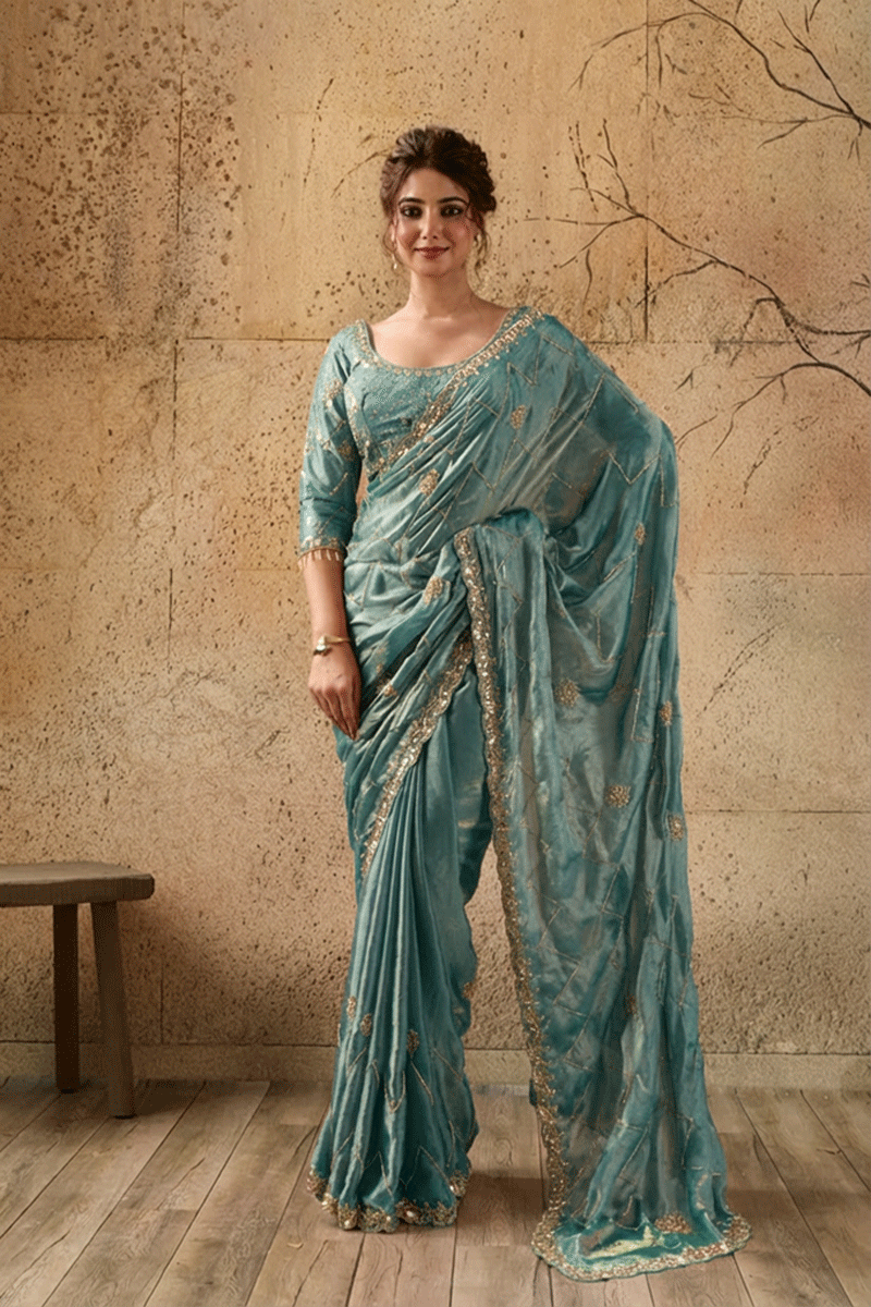 Teal Green Organza Saree with Hand Embroidery with Stitched Blouse