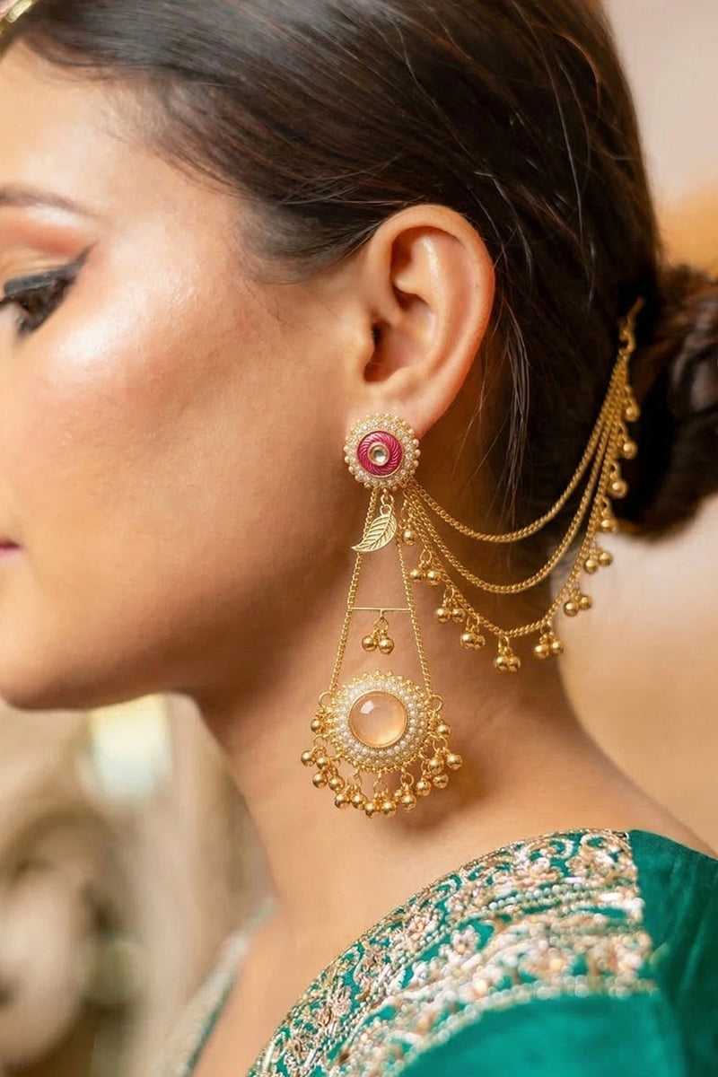 Antique Gold Kundan Pearl Drop Earrings with Handcrafted Work
