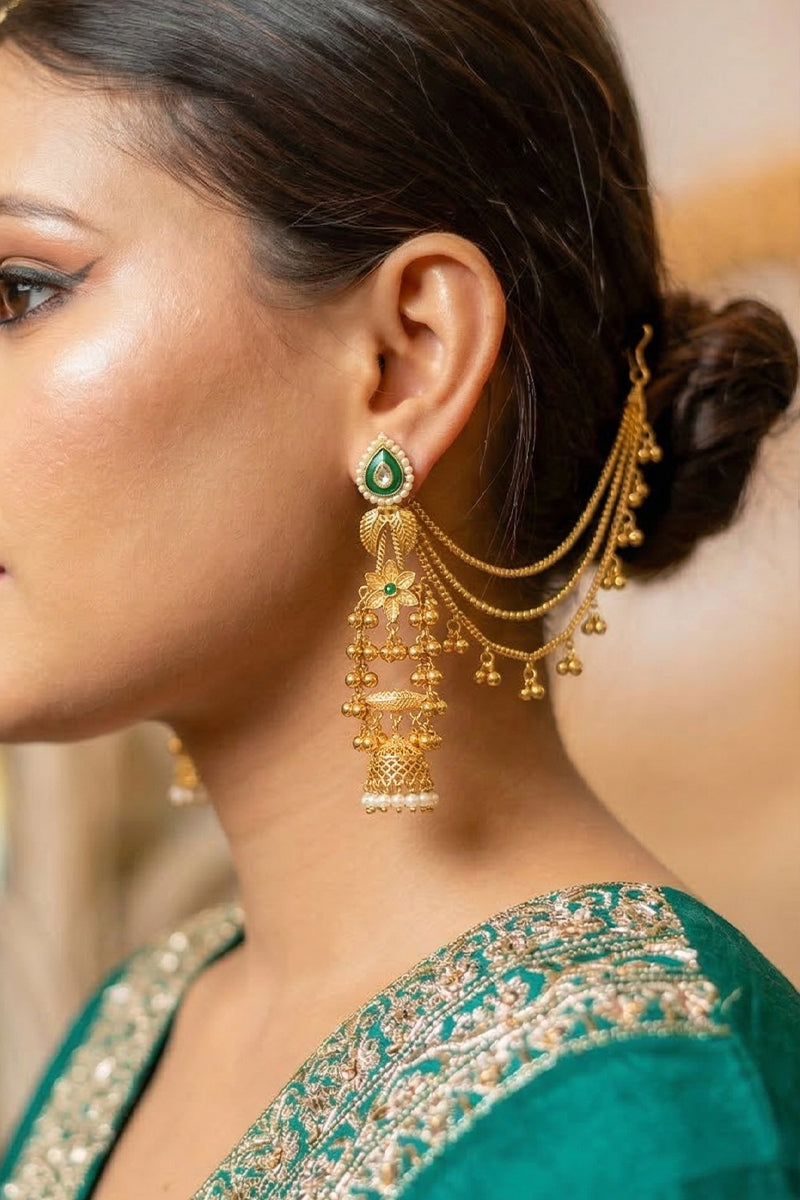 Gold-Tone Chandbali Style Earrings with Green Stone Top & Pearl Cluster Drops