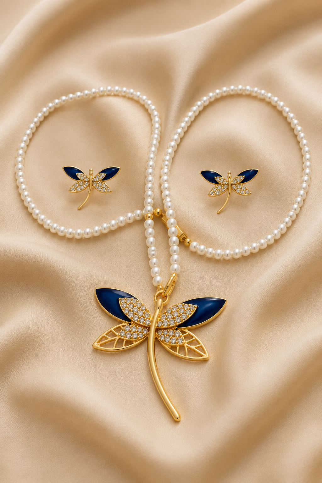 Gold-Tone Anti-Tarnish Blue Enamel Dragonfly Pearl Necklace Set with CZ Earrings
