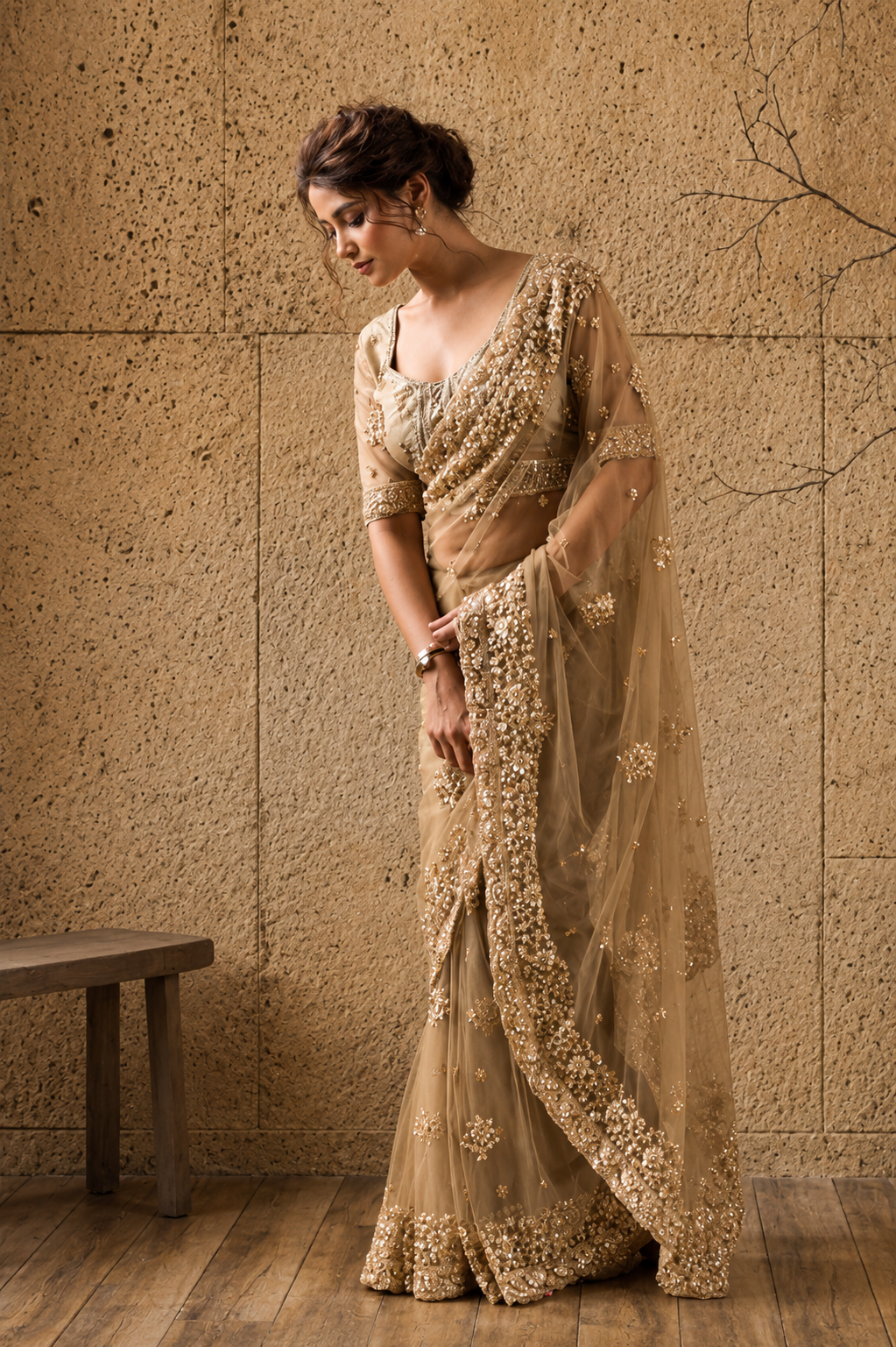 Dark Golden Net Saree with Hand Embroidery with Stitched Blouse