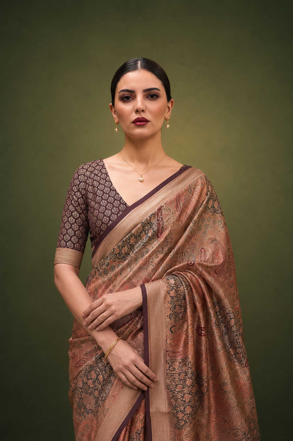 Coffee Brown Raw Silk Saree with Floral Motifs