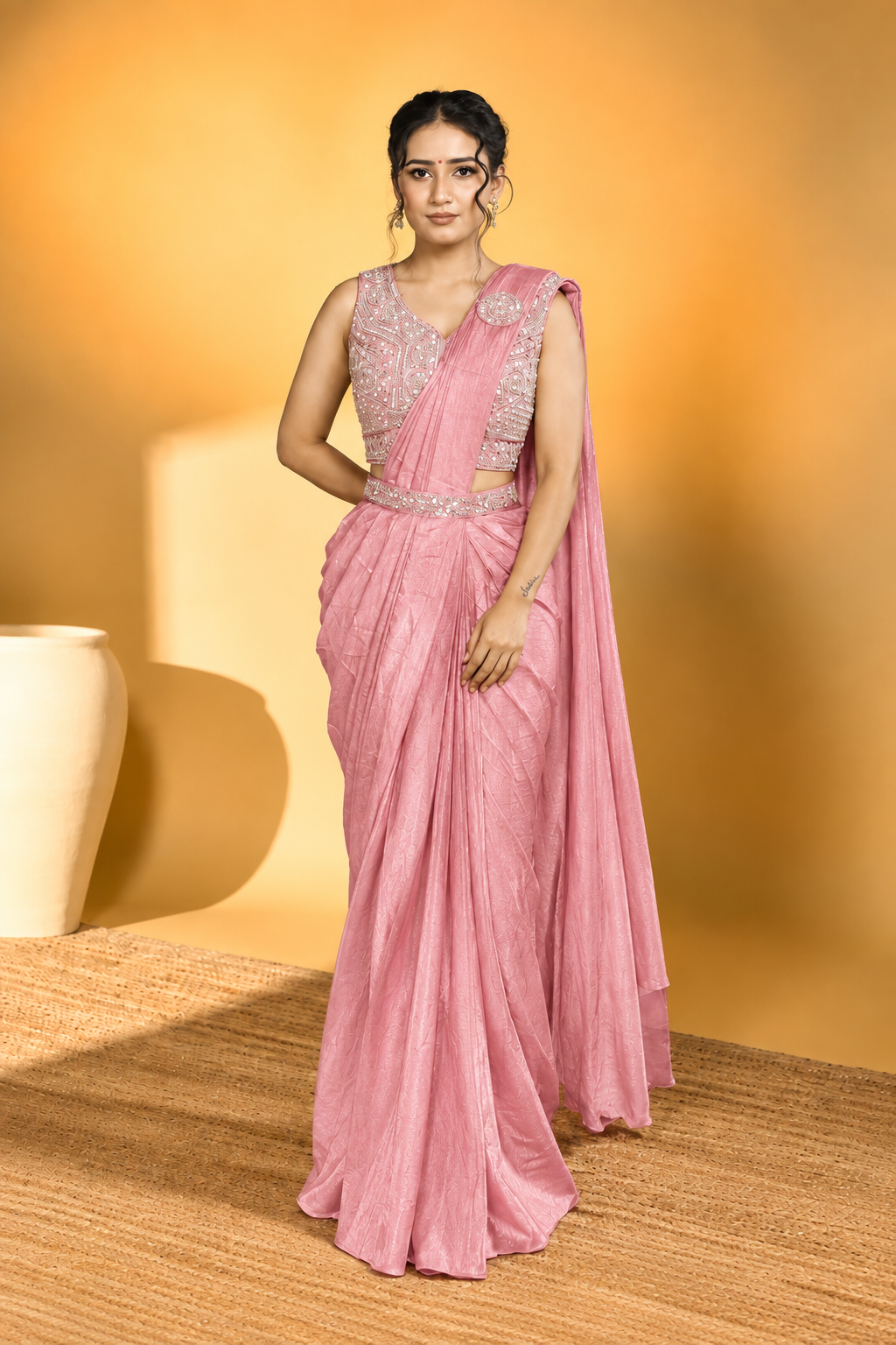 Light Rose Pink Lycra Pre-Draped Saree with Ready to Wear Blouse
