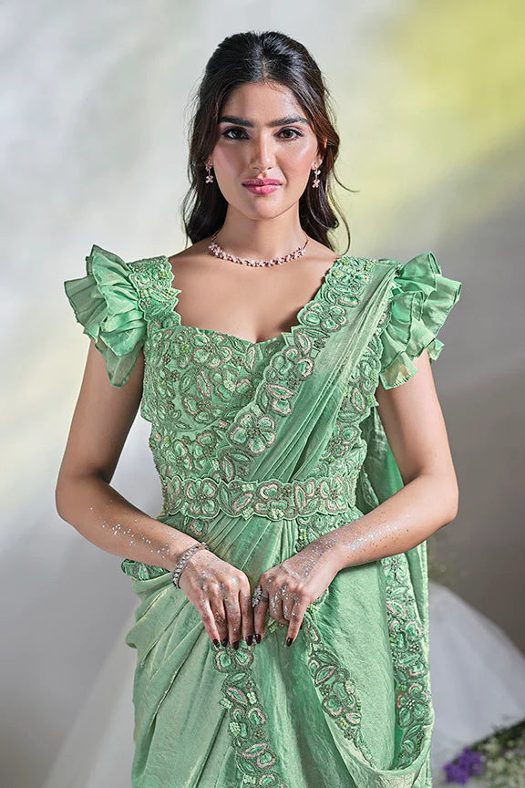 MAYRAKE Green Ready-to-Wear Organza Silk Saree with Sequins & Moti Work