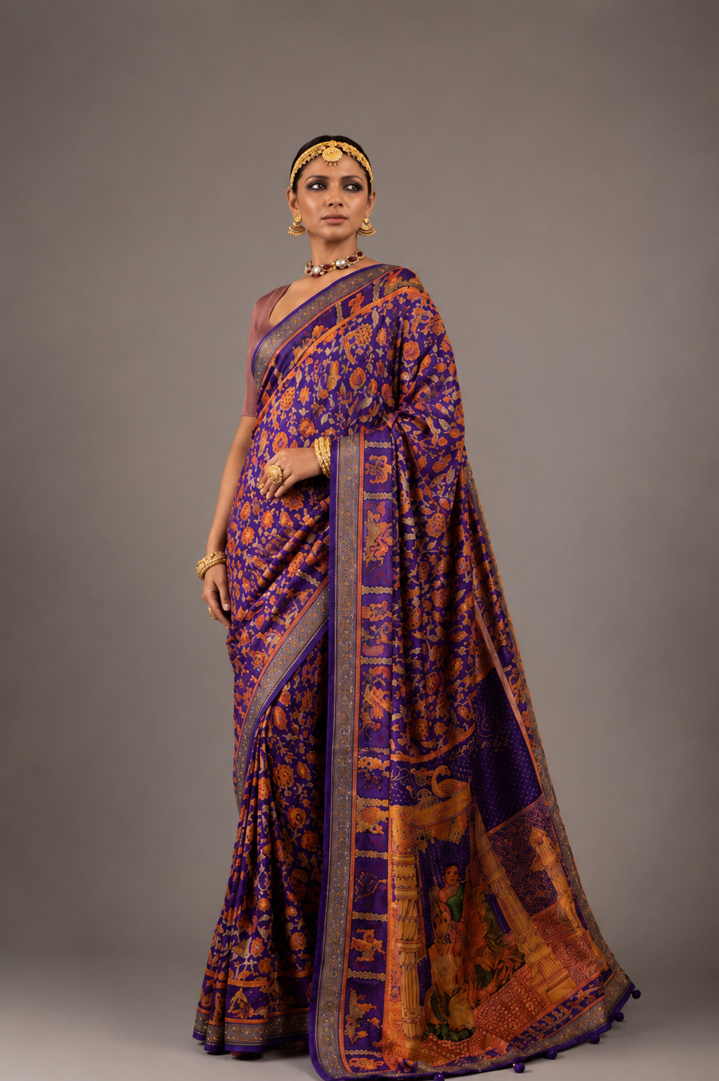 Purple Raw Silk Saree with Ethnic Heritage Prints