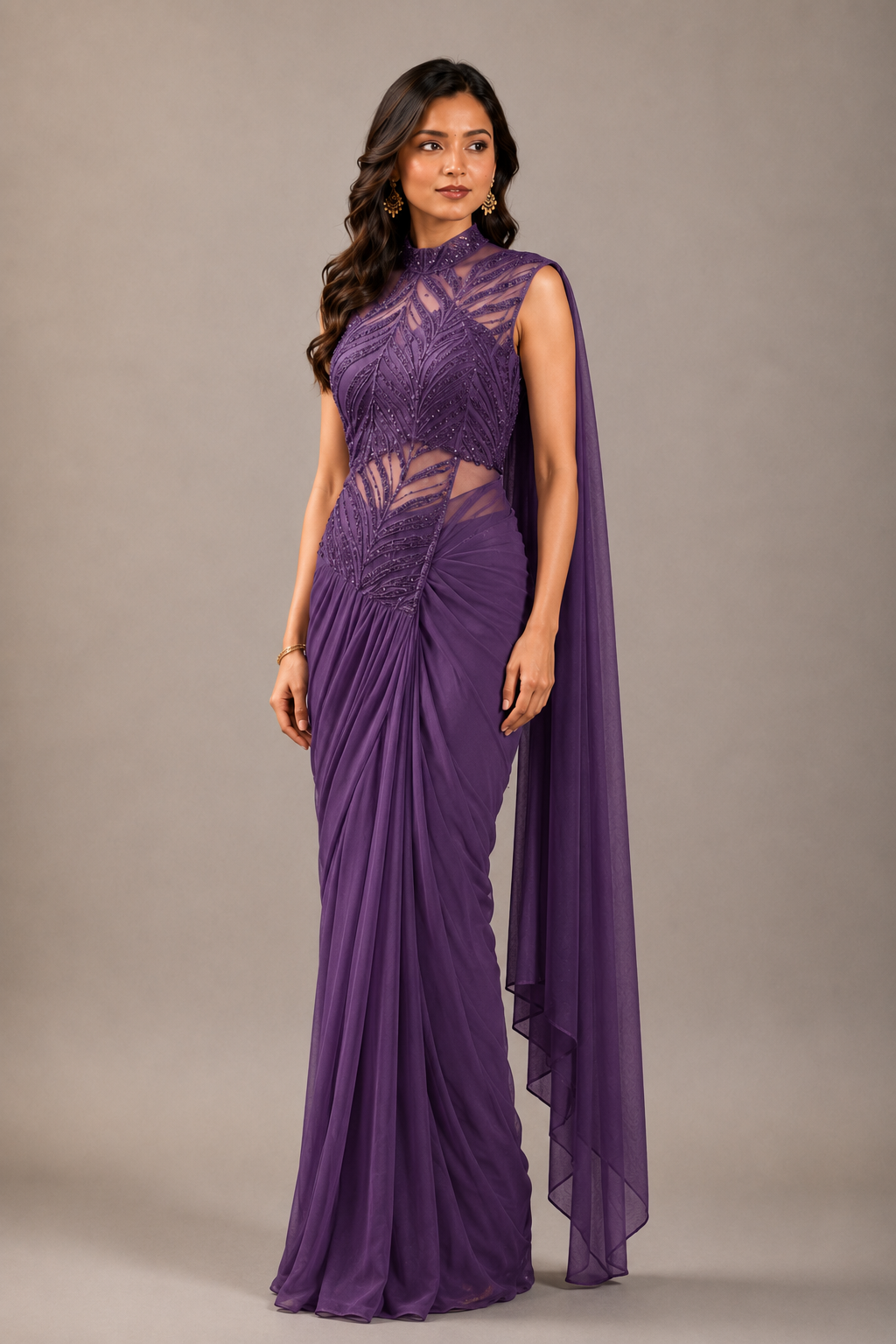 Purple Lycra Pre-Draped Saree with Sequin and Embroidered Ready to Wear Blouse