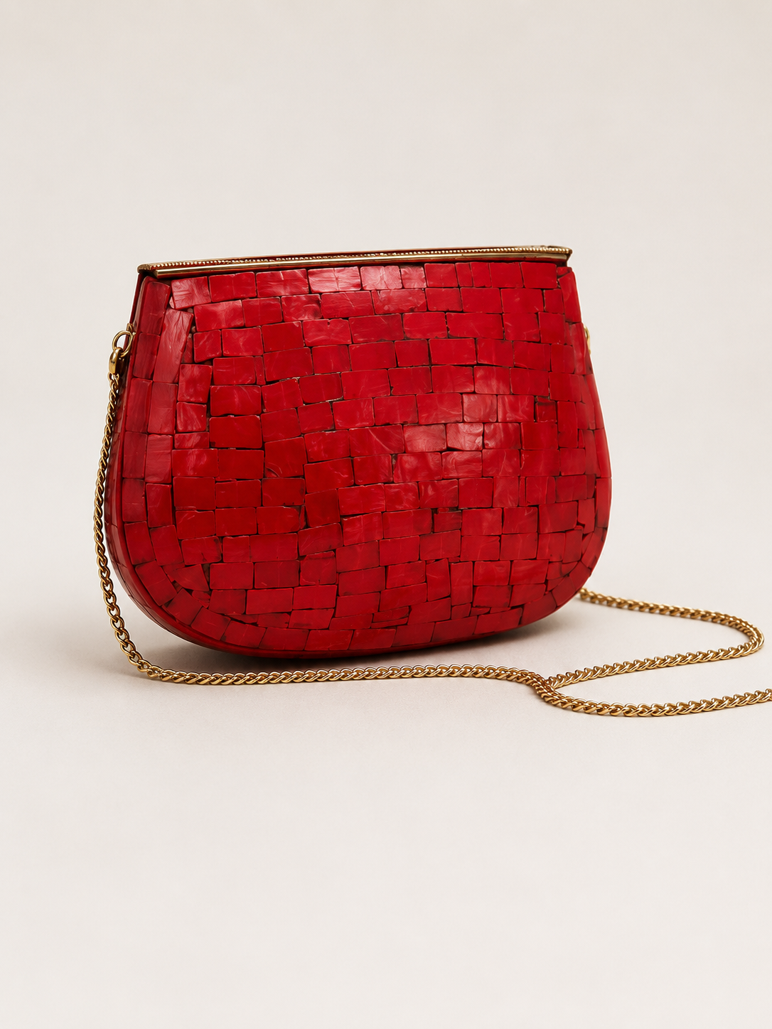 Red Clutch with Handcrafted Golden Floral Mosaic