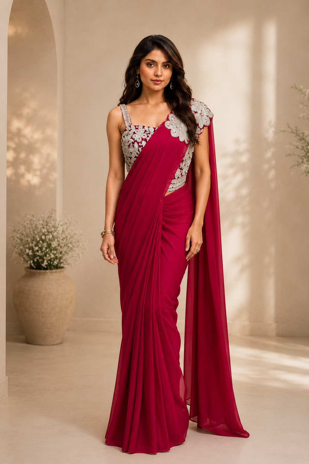 Red Lycra Pre-Draped Saree with Floral Embroidered Ready To Wear Blouse
