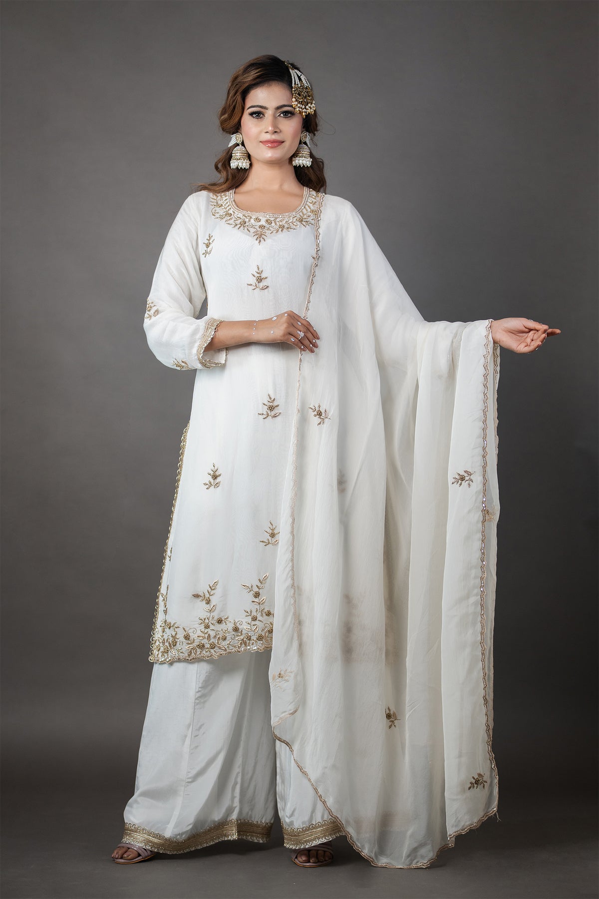 Ivory White Crepe Silk Palazzo Set With Zardozi Embroidery