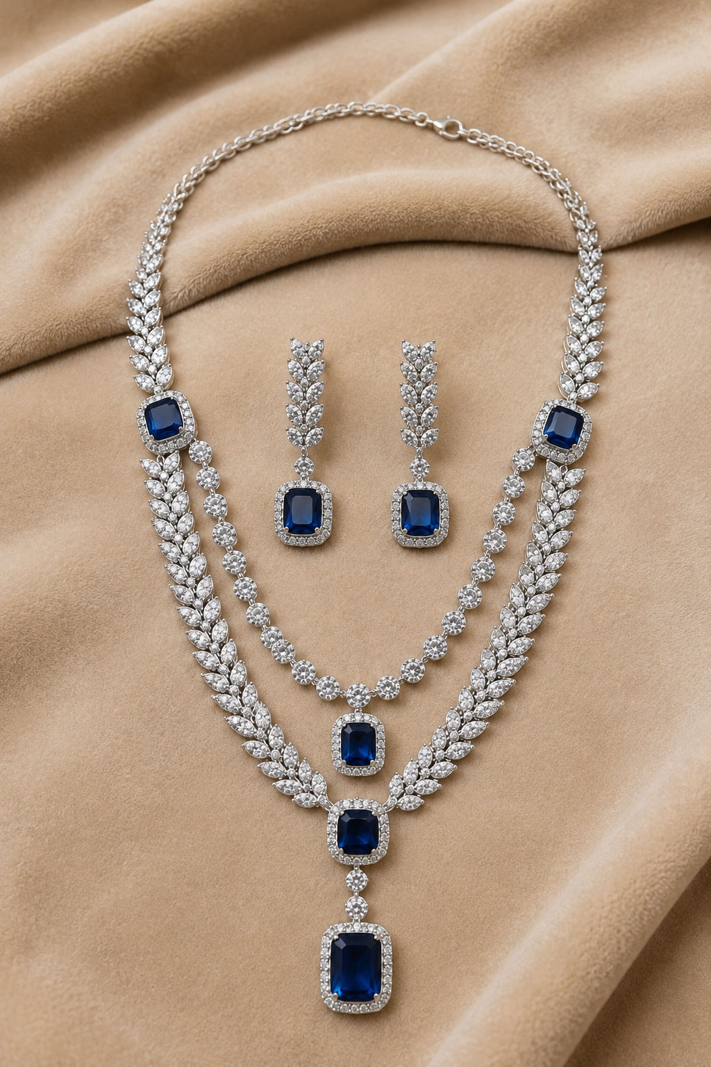 Royal Dark Blue American Diamond Double-Layer Leaf Necklace