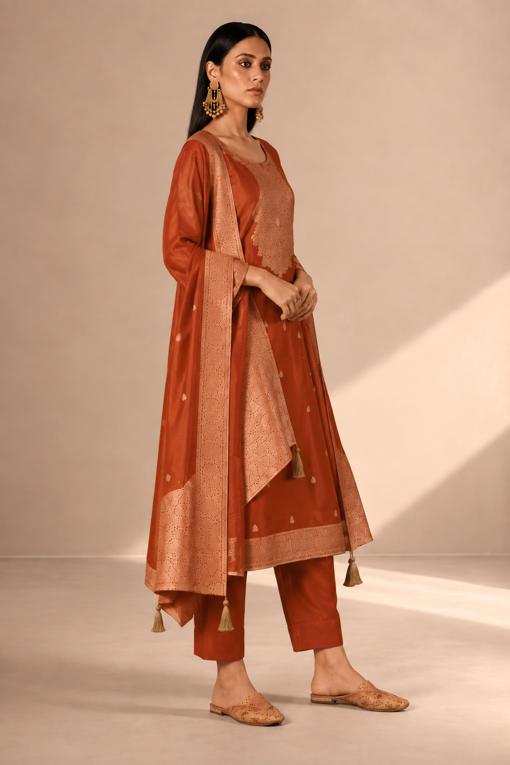 Rust Orange Viscose Silk Jacquard Suit Set With Hand Work