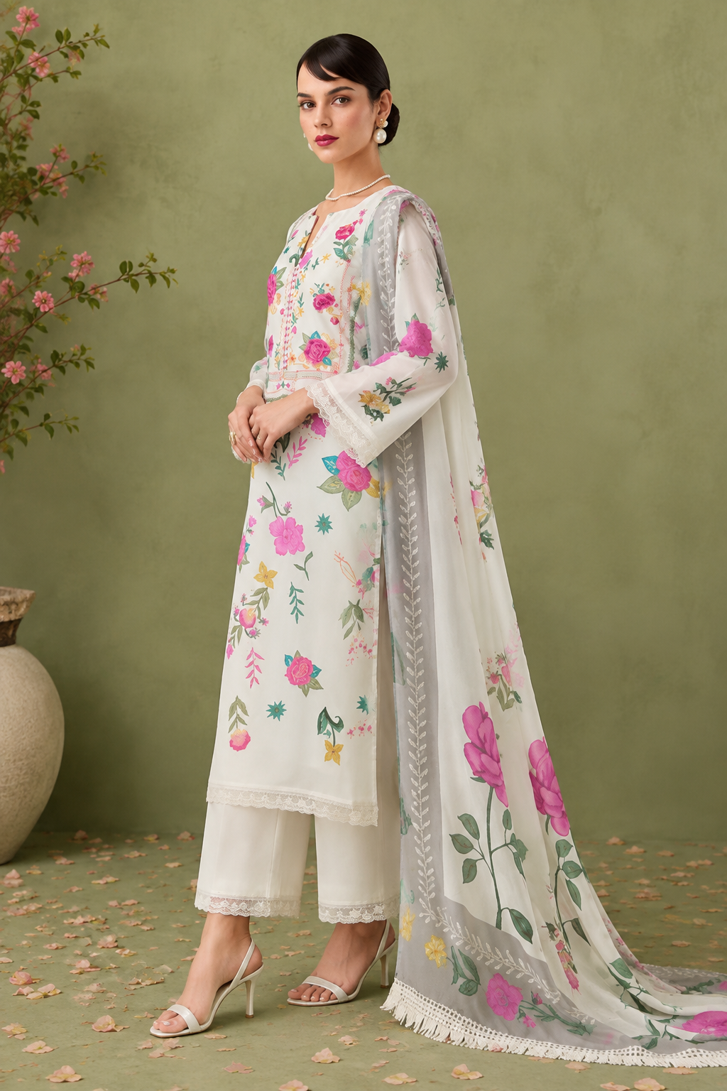 Off-White Cotton Lawn Suit Set Digital Print With Resham Embroidery
