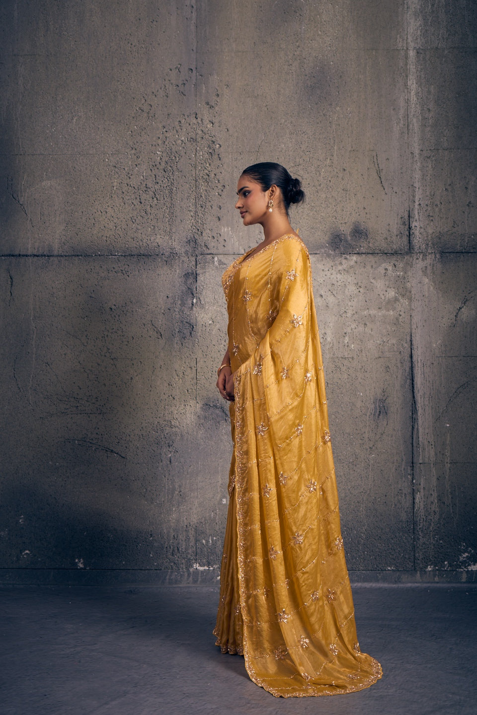 Yellow Tissue Silk Saree with Hand Embroidery with Stitched Blouse