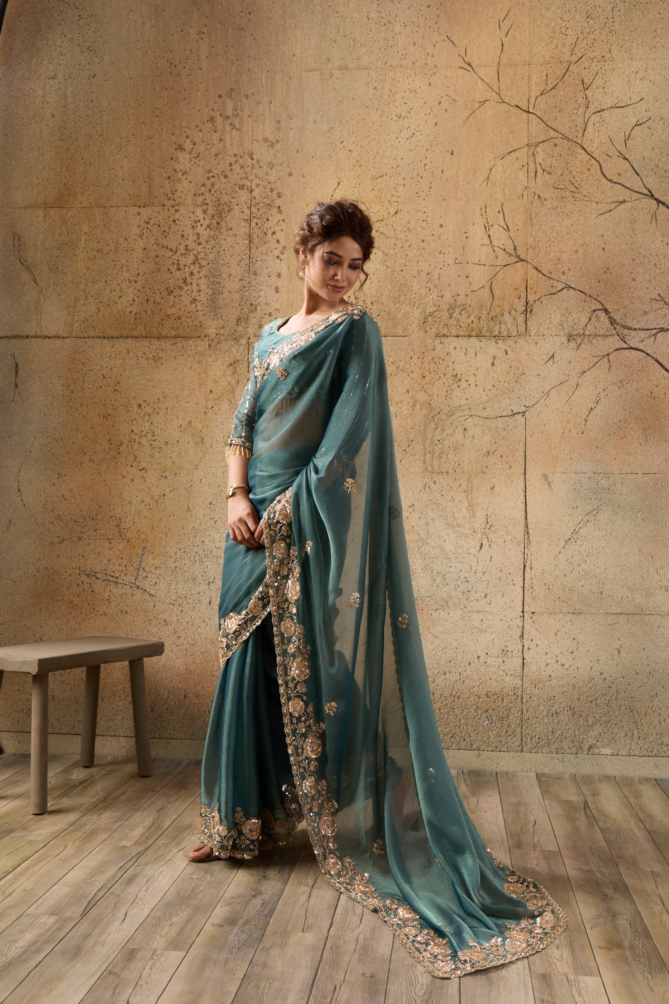 Bottle Green Organza Saree with Floral Hand Embroidery with Stitched Blouse