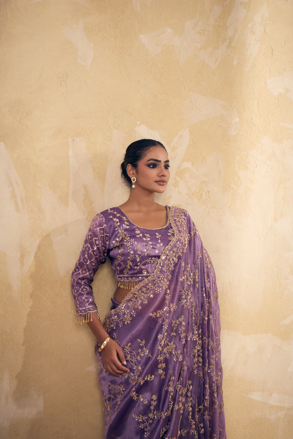 Lavendar Purple Organza Silk Saree with Hand Embriodery with Stitched Blouse
