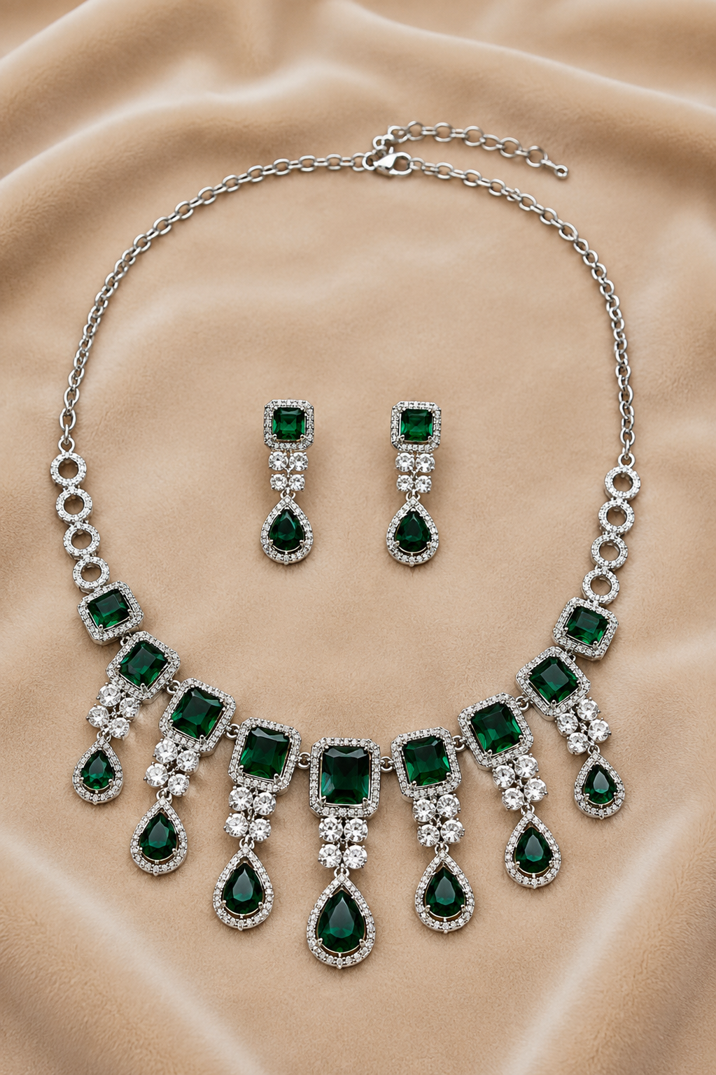 Emerald Stone Choker Necklace Set with Crystal Drop Detailing