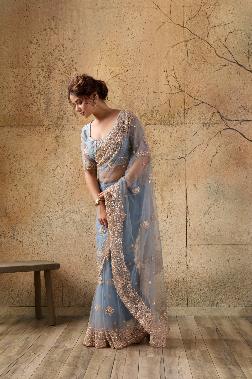 Dusty Blue Net Saree with Hand Embroidery with Stitched Blouse