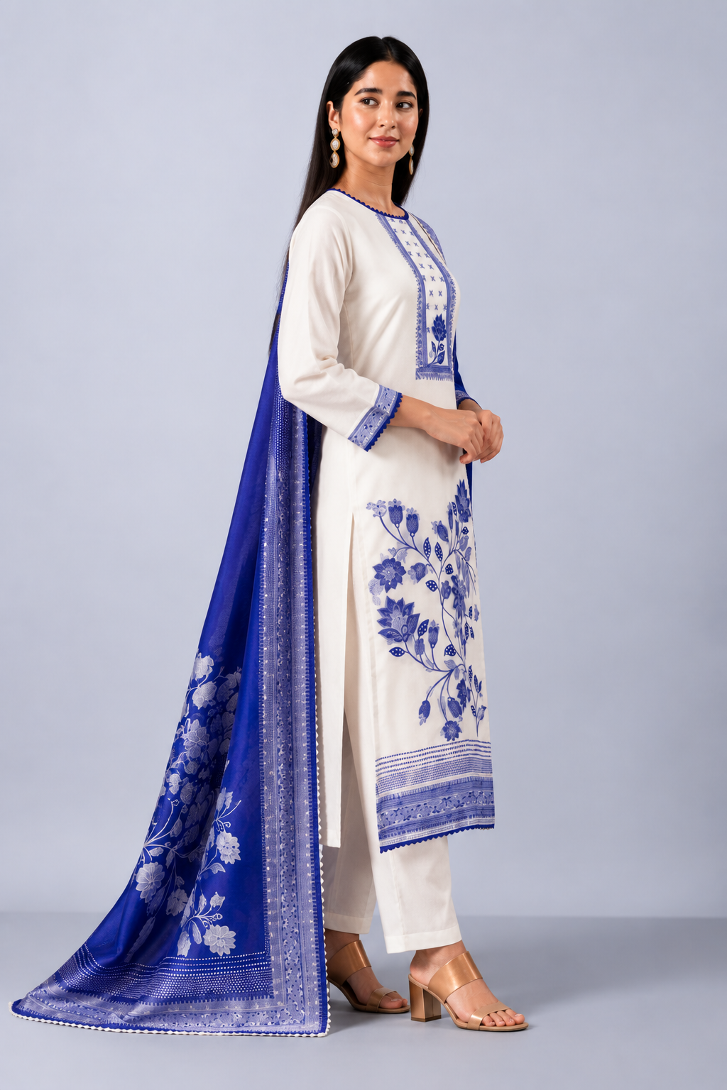 White Bemberg Banarasi Jamdani Suit Set With Crochet Lace