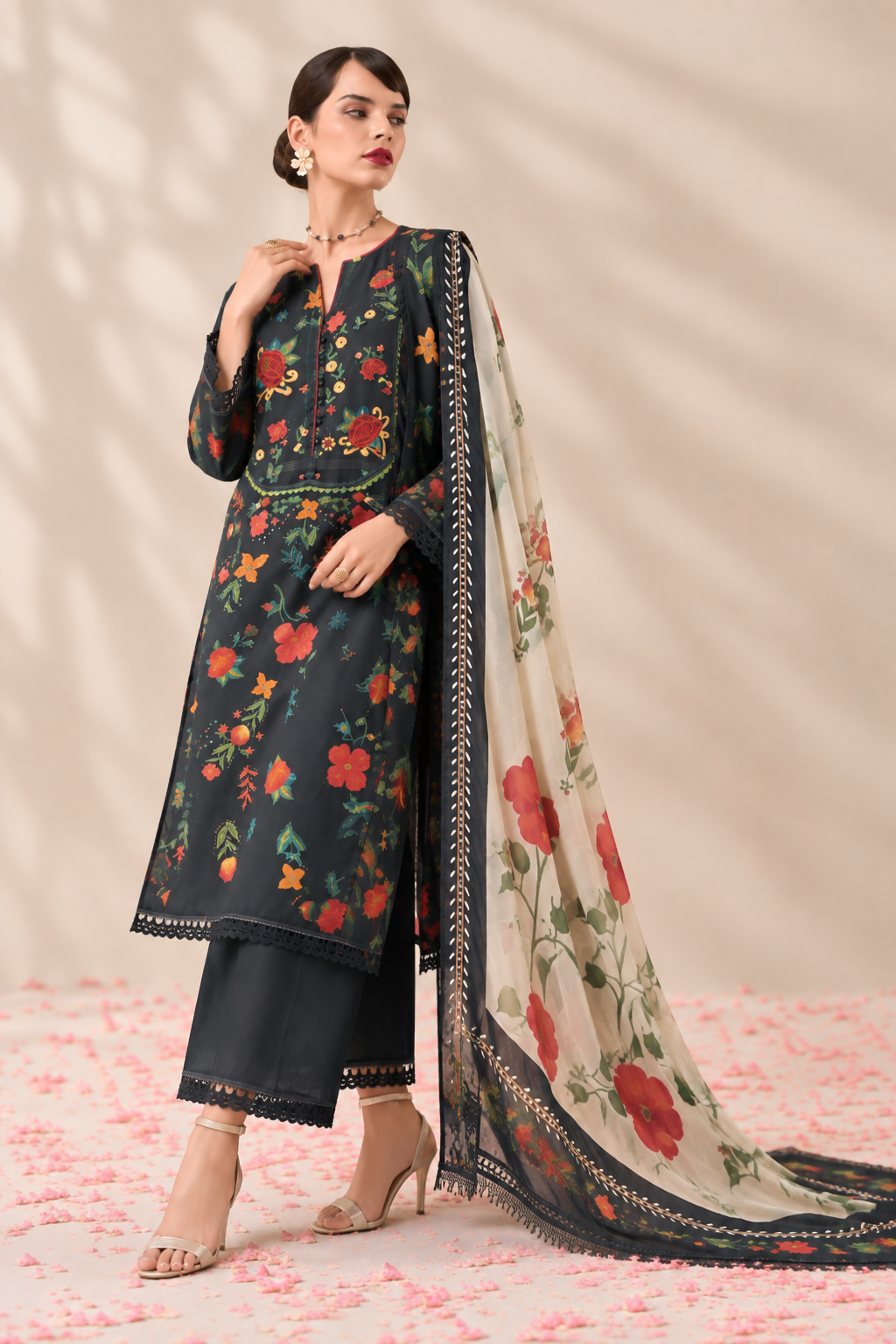 Black Cotton Lawn Suit Set Digital Print With Resham Embroidery
