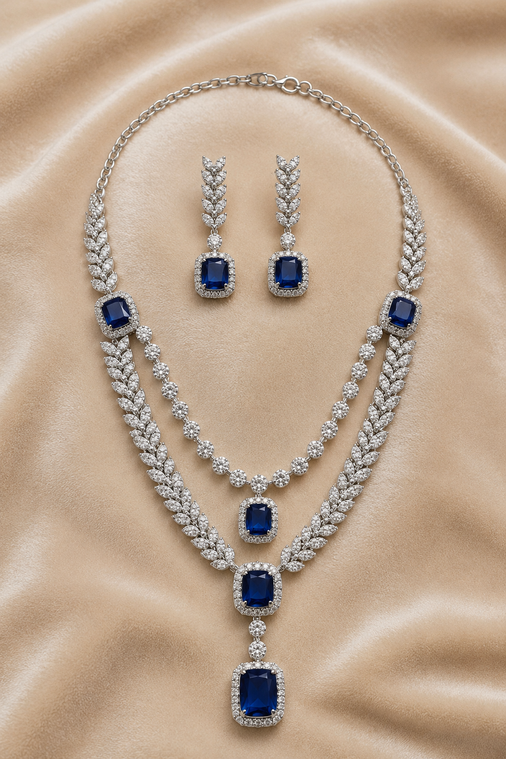 Royal Dark Blue American Diamond Double-Layer Leaf Necklace