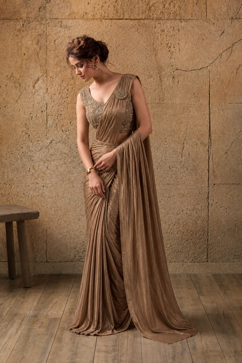 Mocha Brown Lycra Pre-Draped Saree with Ready to Wear Blouse