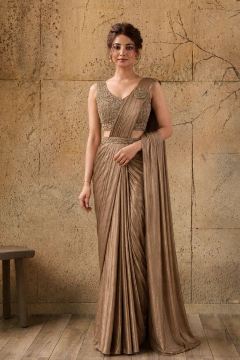 Mocha Brown Lycra Pre-Draped Saree with Ready to Wear Blouse