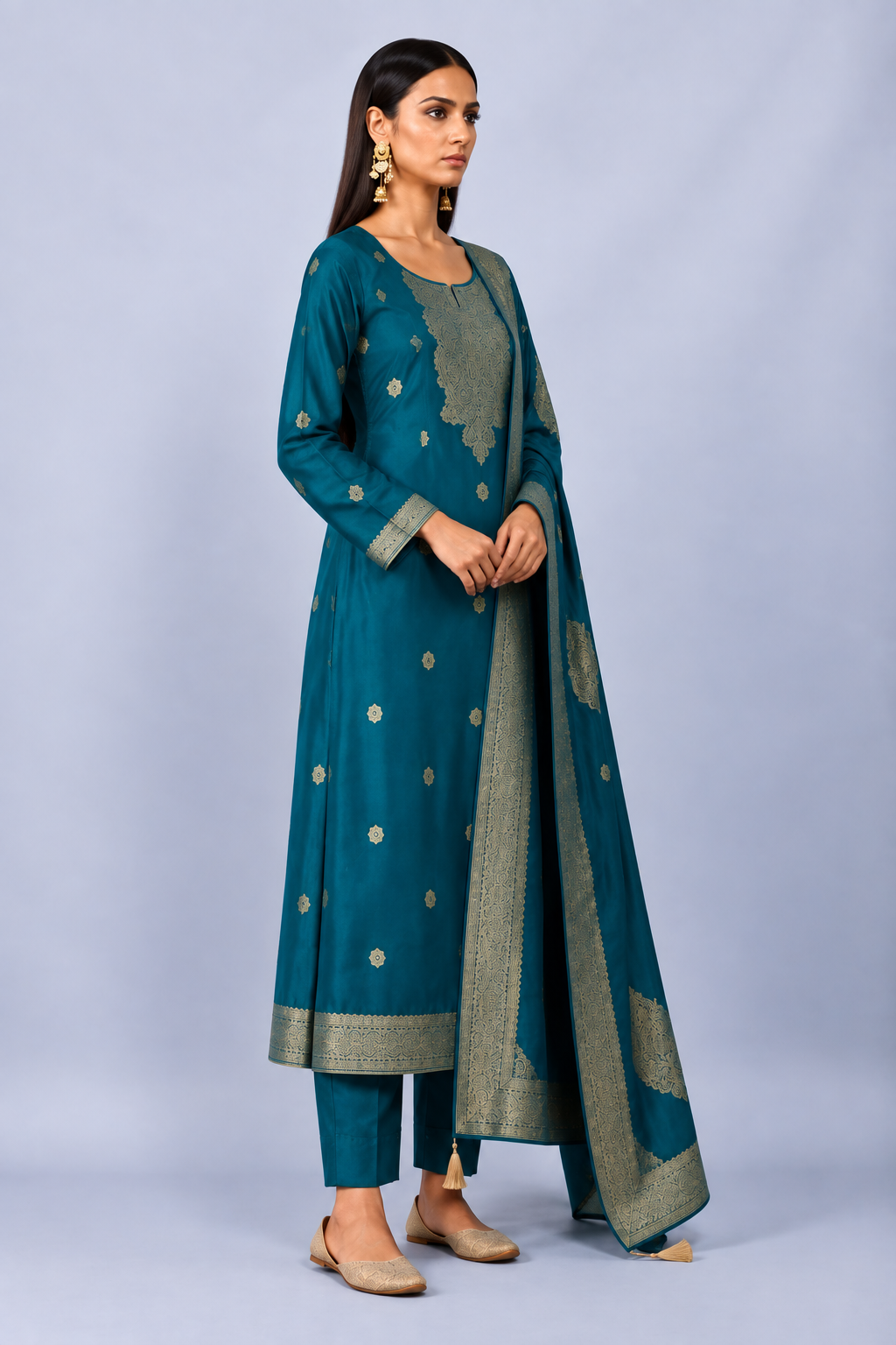 Turquoise Blue Viscose Silk Jacquard Suit Set With Hand Work