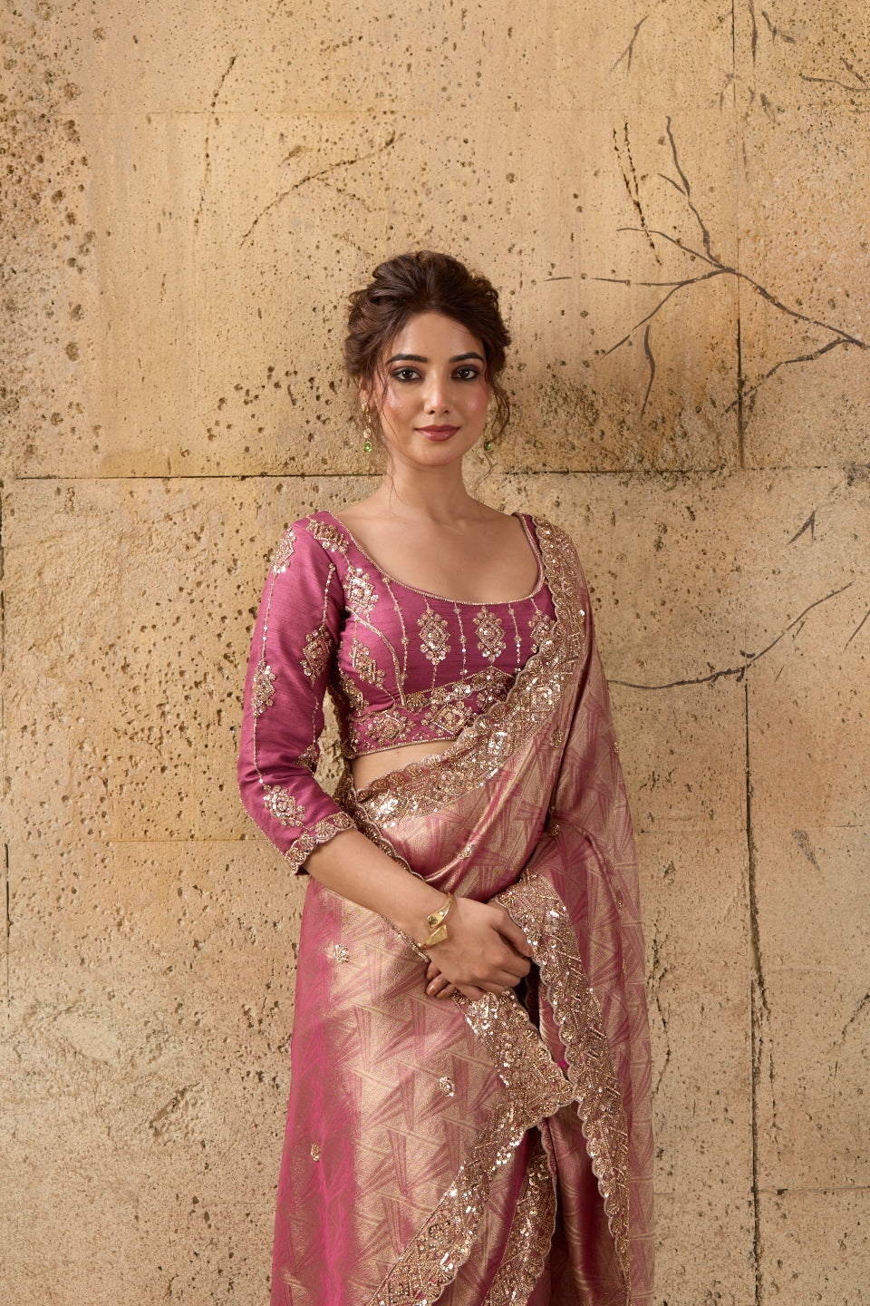 Rose Pink Organza Silk Saree with Zari Hand Embroidery with Stitched Blouse