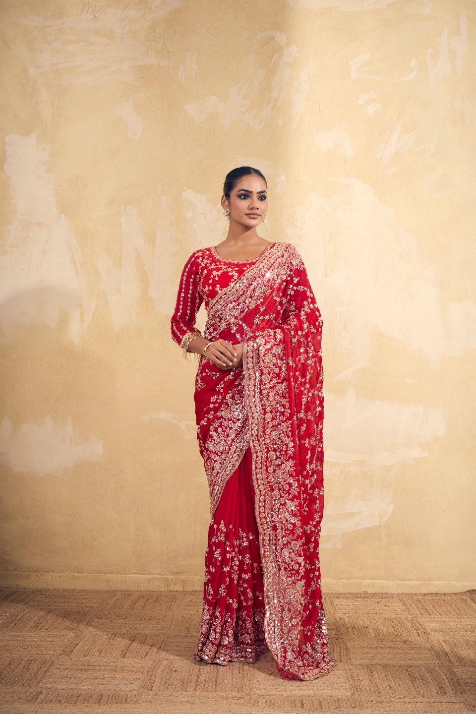 Bridal Red Organza Saree with Embroidery work