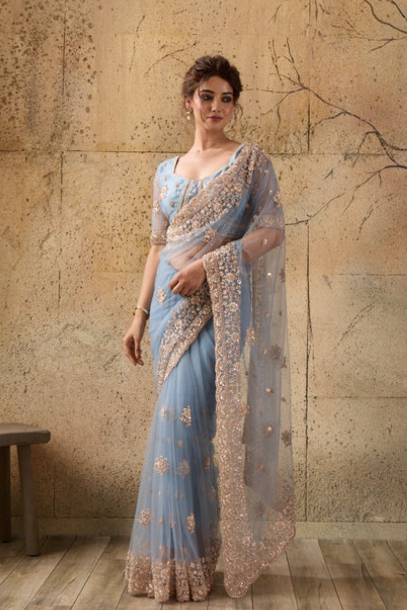 Dusty Blue Net Saree with Hand Embroidery with Stitched Blouse