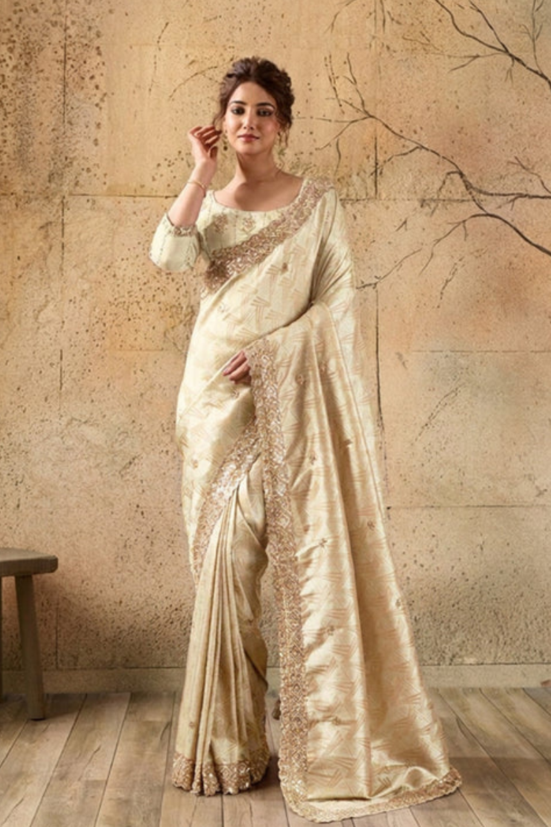 Ivory Cream Organza Silk Saree with Zari Hand Embroidery with Stitched Blouse