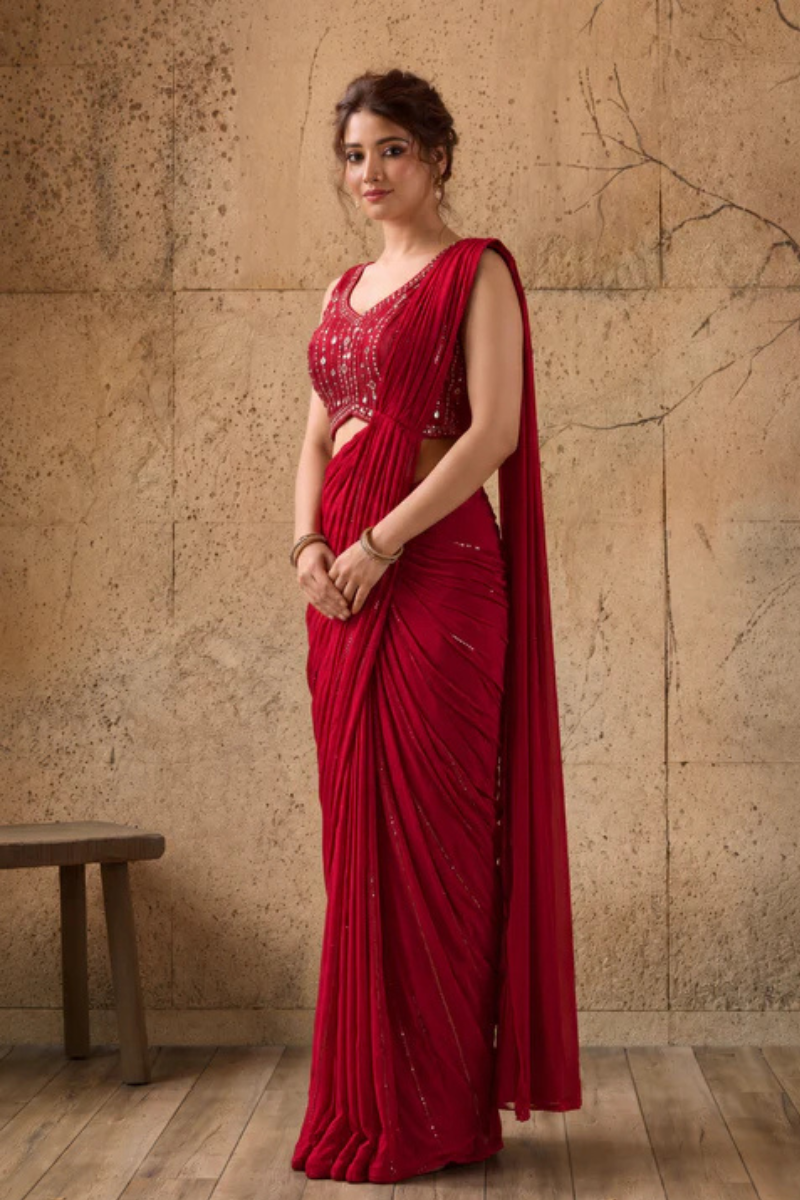 Red Lycra Pre-Draped Saree with Sequin Work and Ready to Wear Blouse
