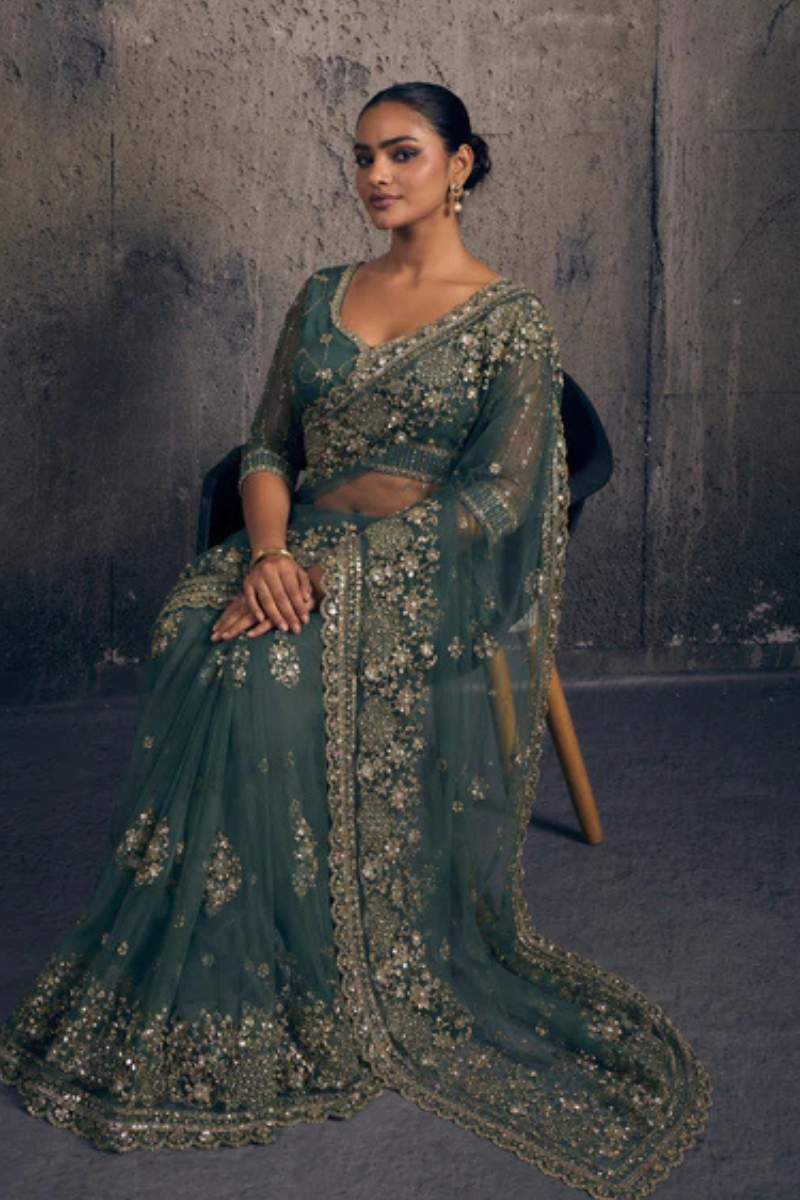 Emerald Green Net Saree with Hand Embroidery with Stitched Blouse