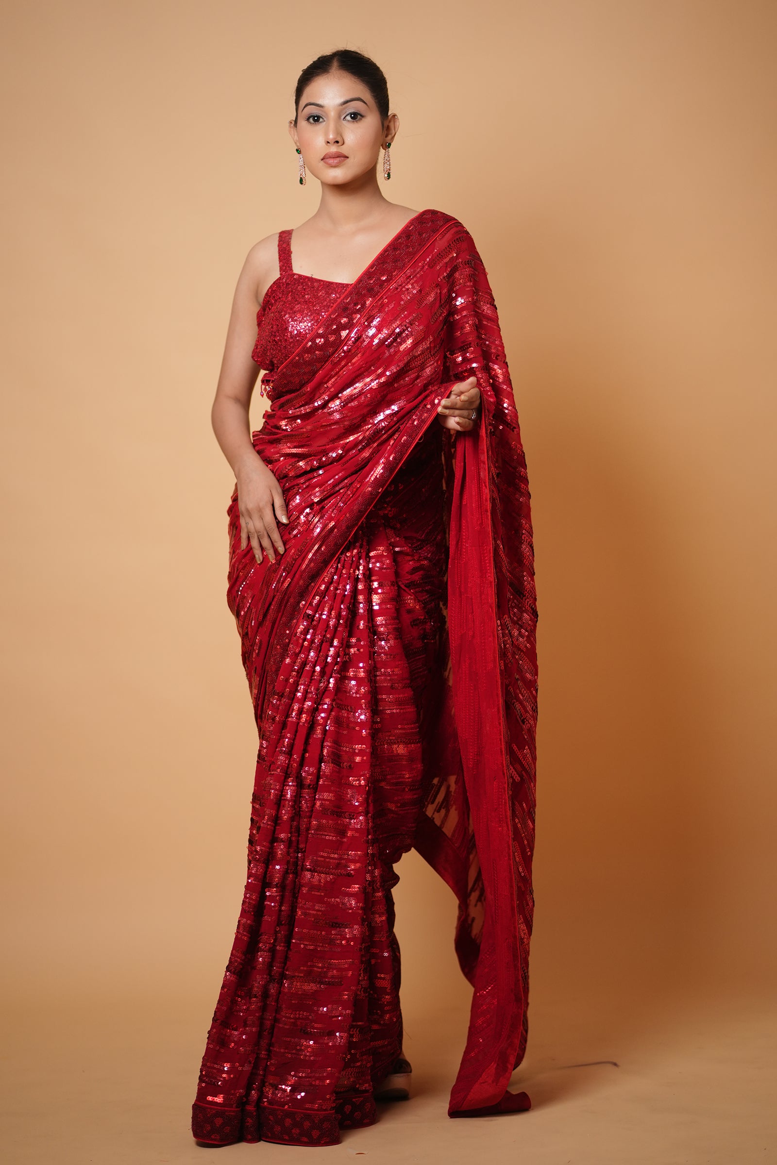 Hot Red Georgette Saree with All-Over Sequin Embroidery With Ready To Wear Blouse