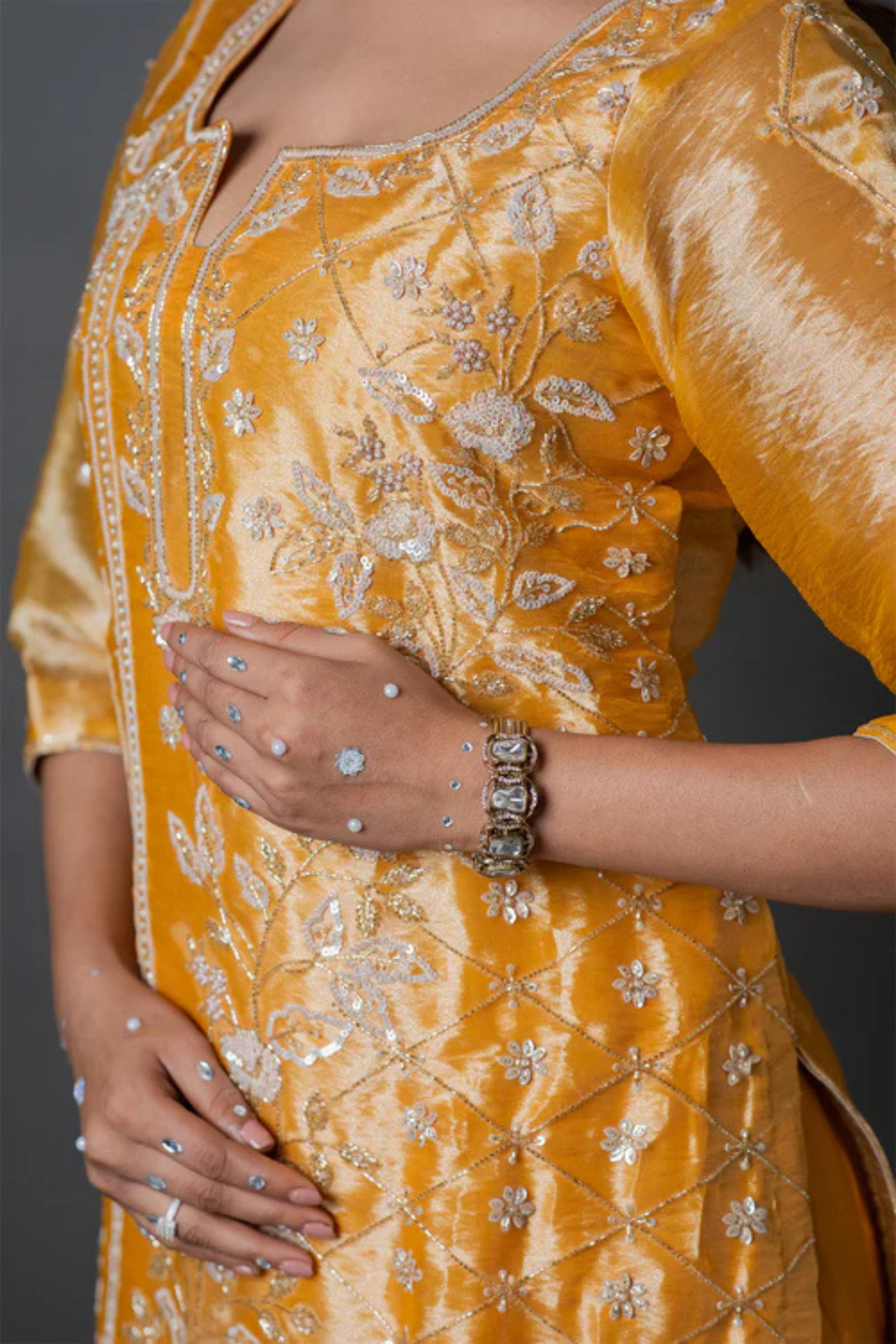 Mustard Yellow Organza Kurta Gharara Set with Zari, Sequin & Pearl Hand Embroidery Work
