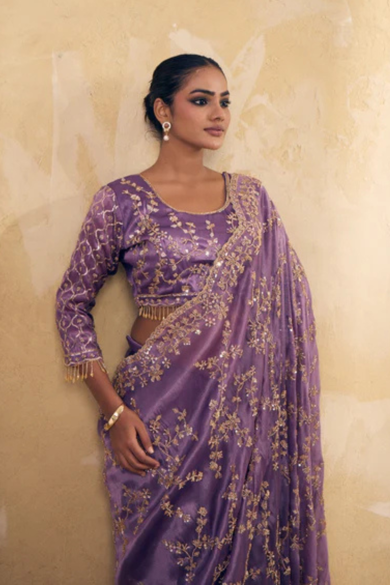 Lavendar Purple Organza Silk Saree with Hand Embriodery with Stitched Blouse