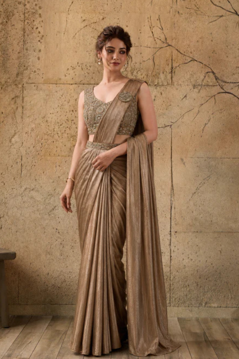 Mocha Brown Lycra Pre-Draped Saree with Ready to Wear Blouse