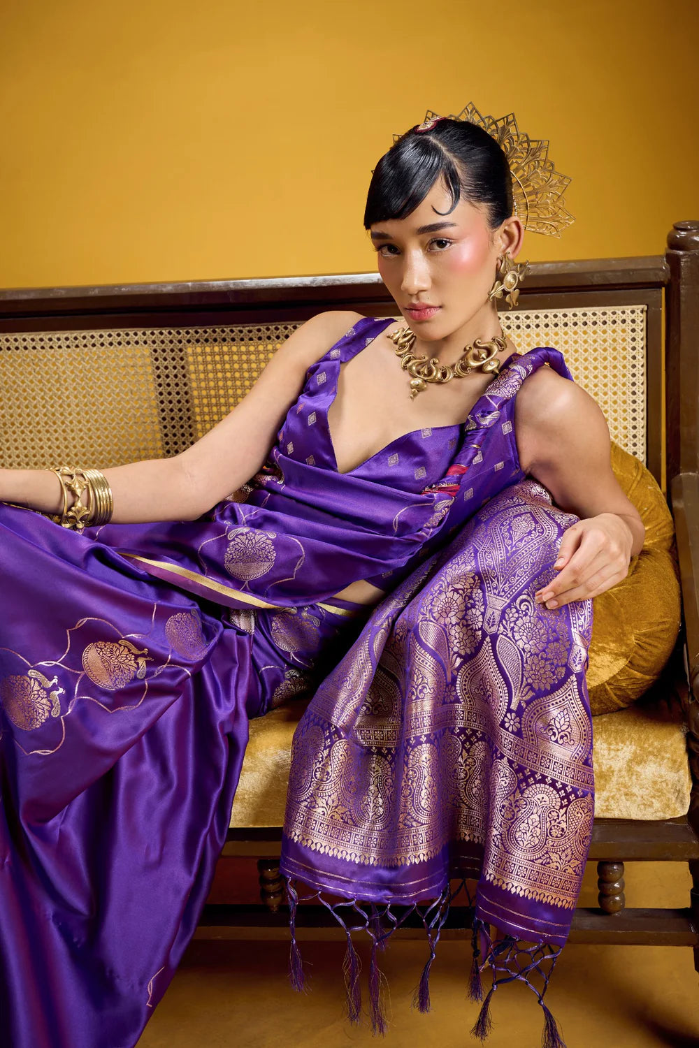 Purple Pure Satin Handloom Saree with Gold Zari Weaving