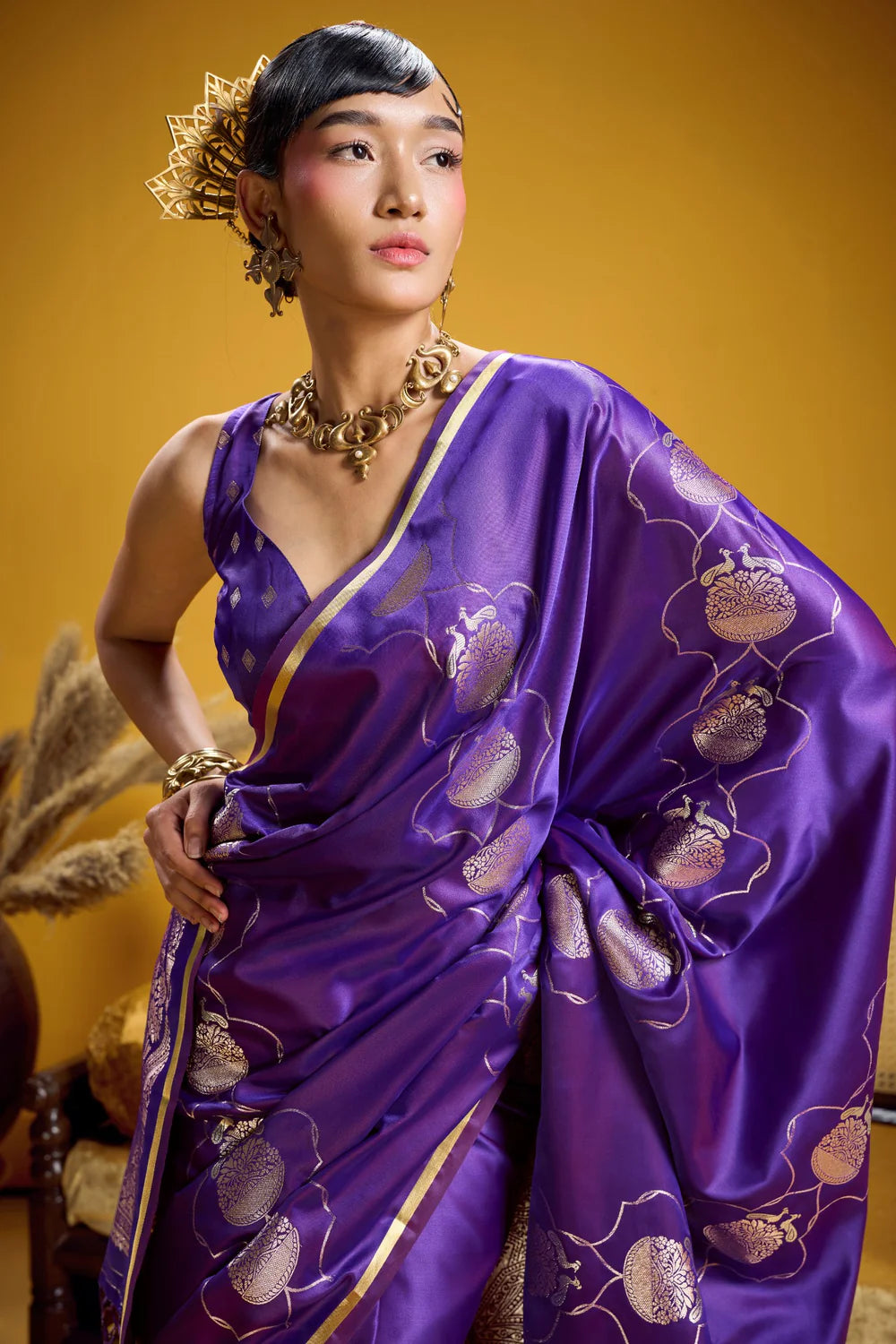 Purple Pure Satin Handloom Saree with Gold Zari Weaving