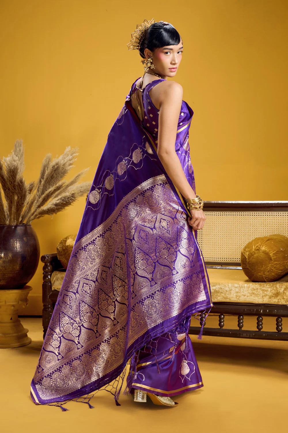 Purple Pure Satin Handloom Saree with Gold Zari Weaving
