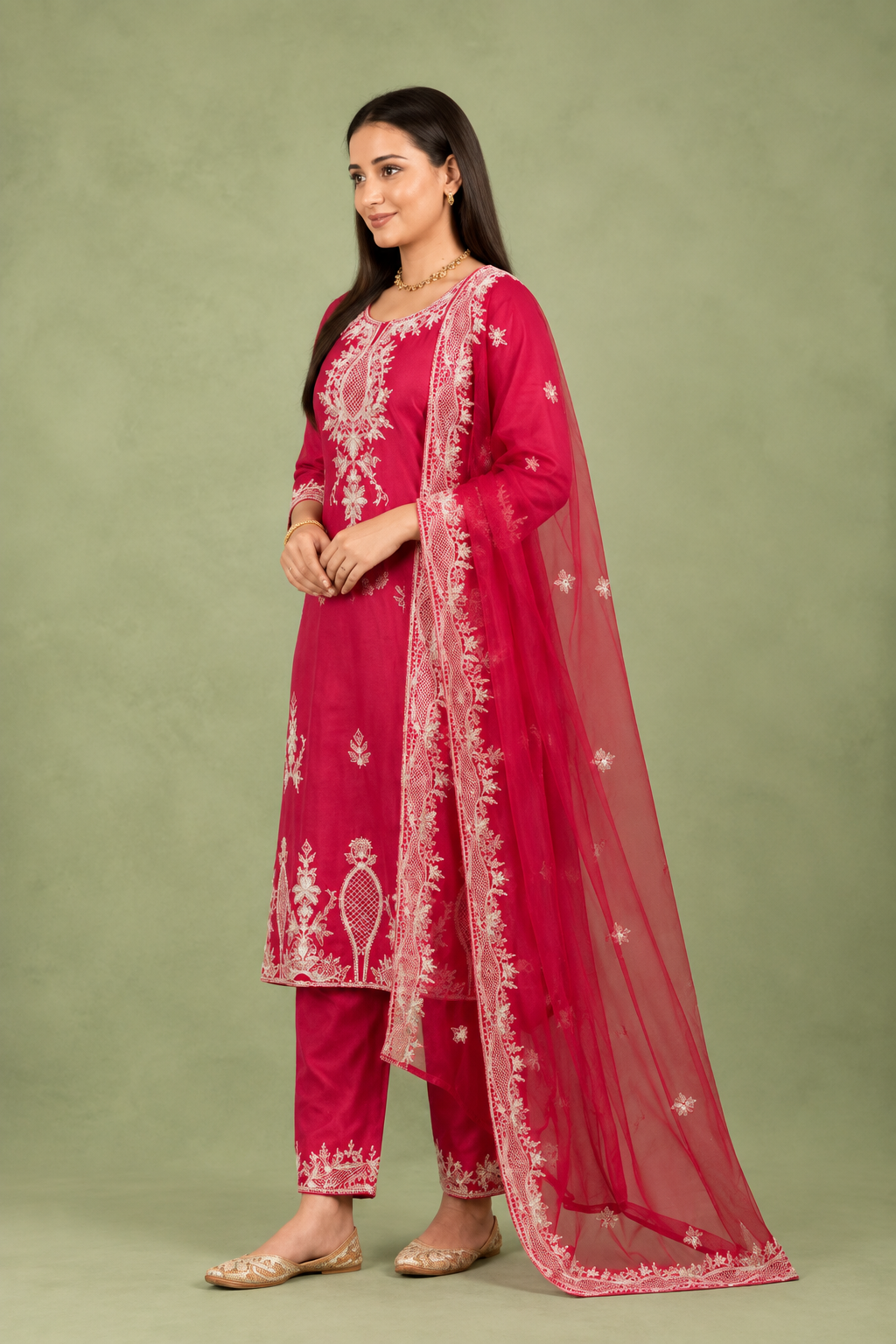 Red Silk Kurta Set With Lucknowi Embroidery