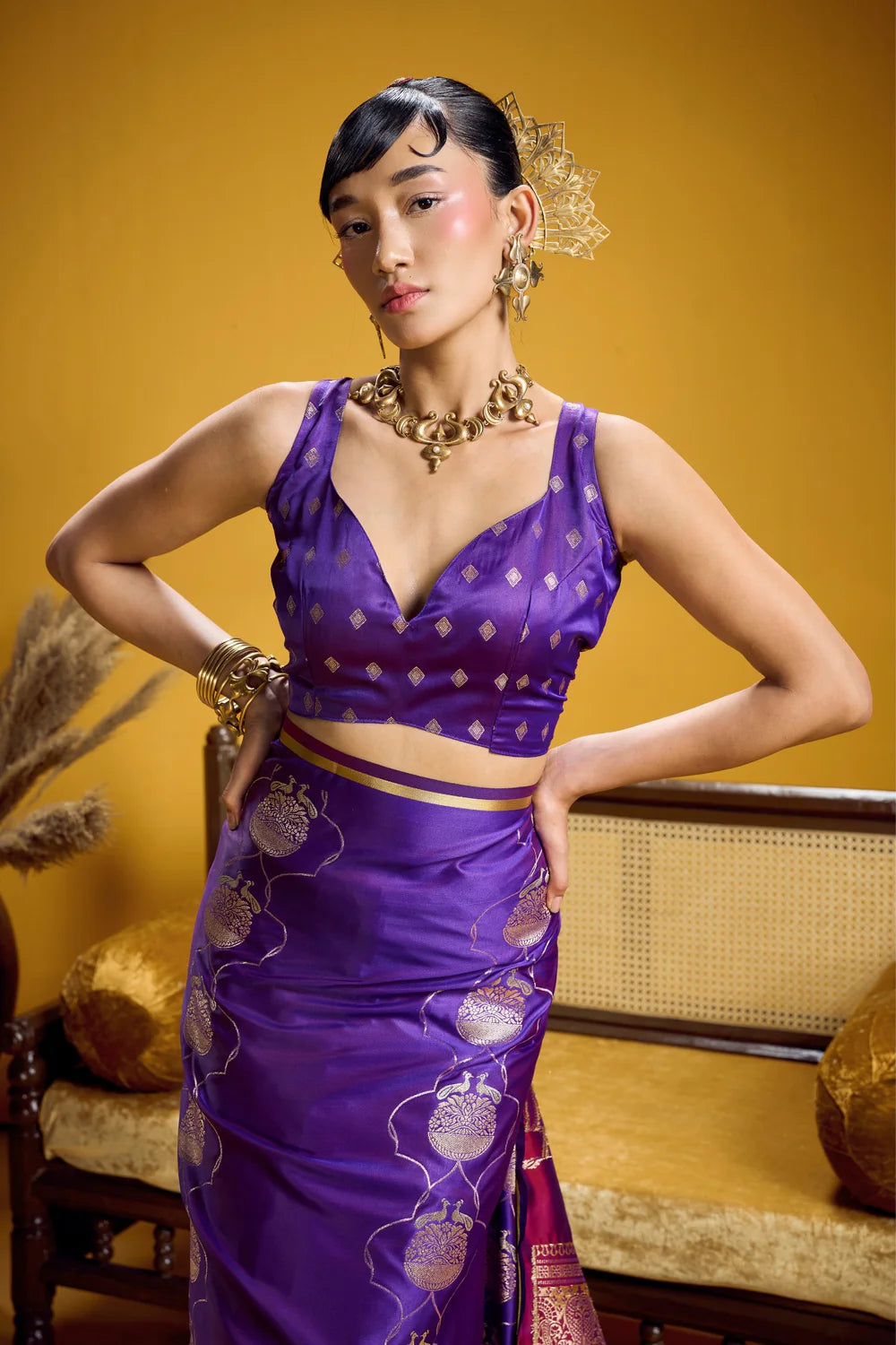 Purple Pure Satin Handloom Saree with Gold Zari Weaving