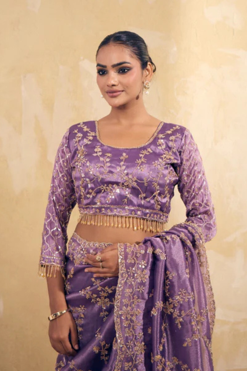 Lavendar Purple Organza Silk Saree with Hand Embriodery with Stitched Blouse