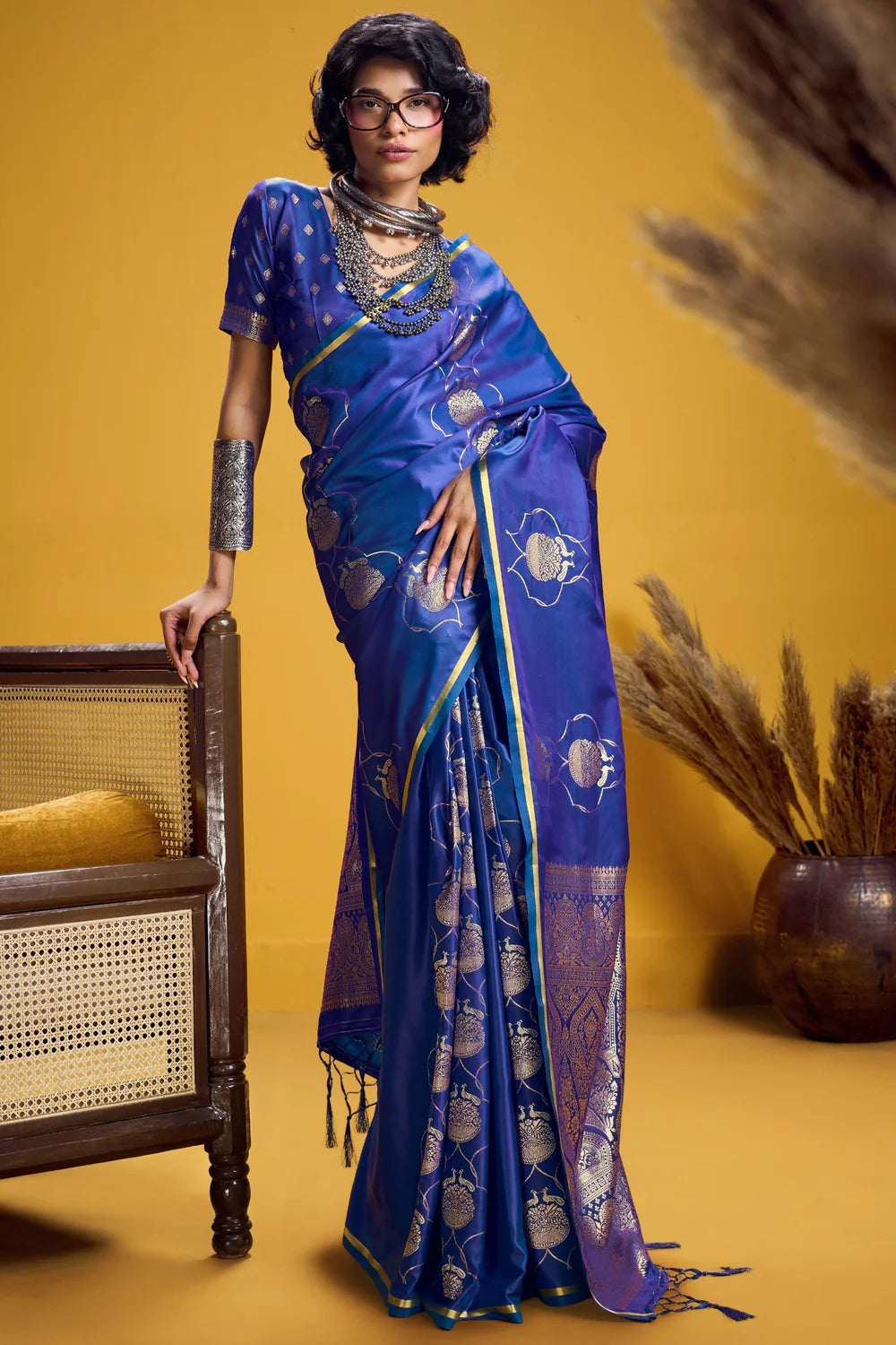 Dark Blue Pure Satin Handloom Saree with Gold Zari Weaving