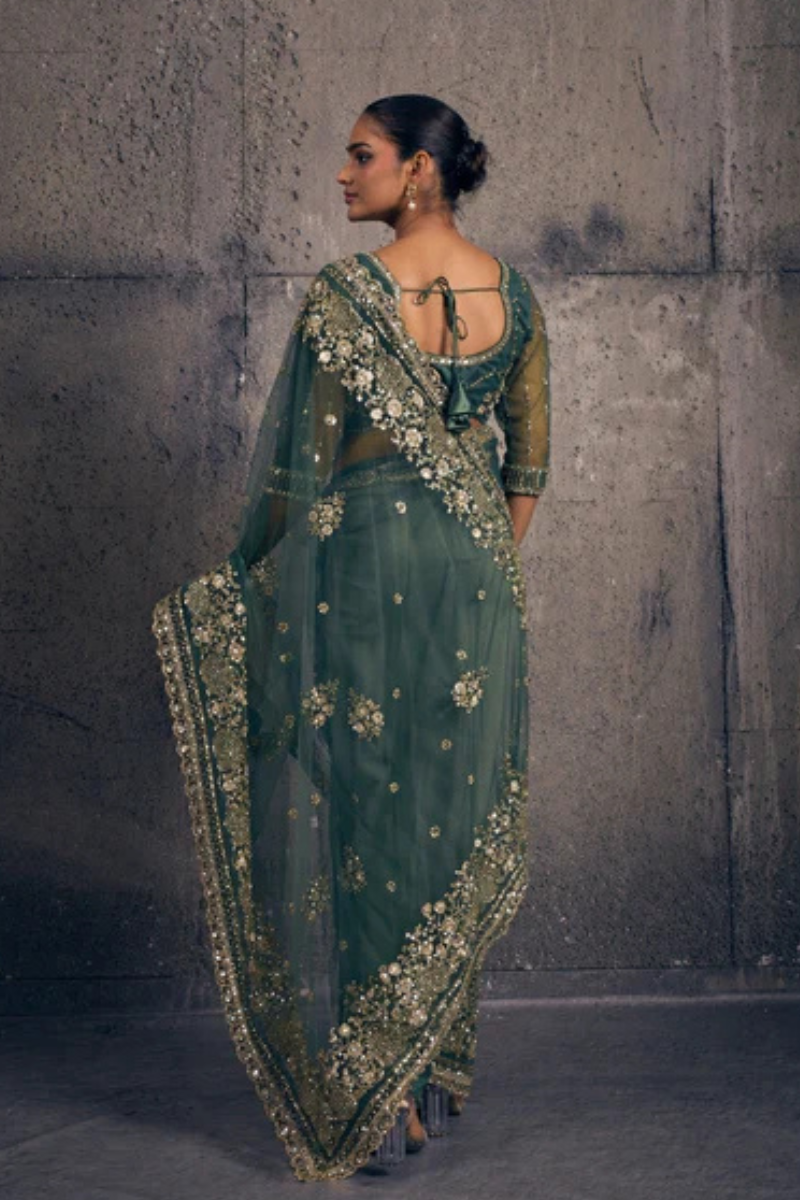 Emerald Green Net Saree with Hand Embroidery with Stitched Blouse