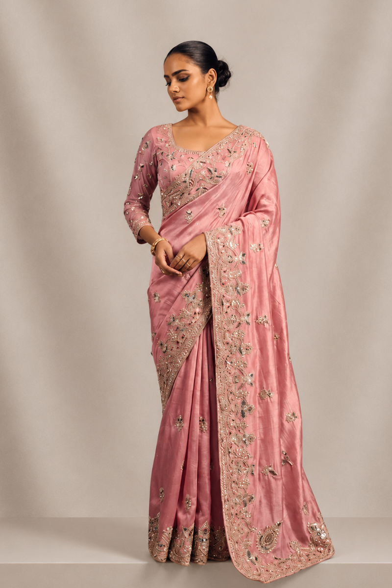 Rose Pink Organza Silk Saree with Peacock Hand Embroidery with Stitched Blouse