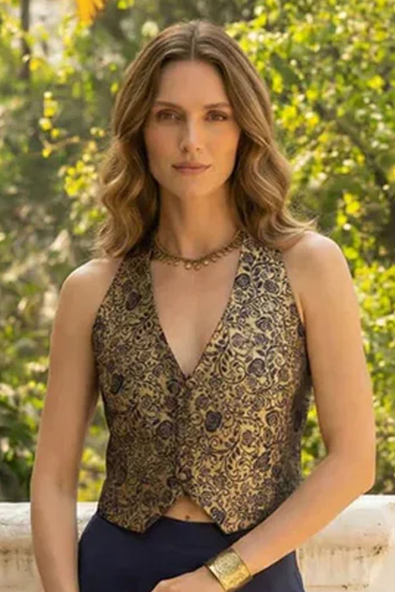 Navy Jacquard Waistcost with Flared Crepe Palazzo Set