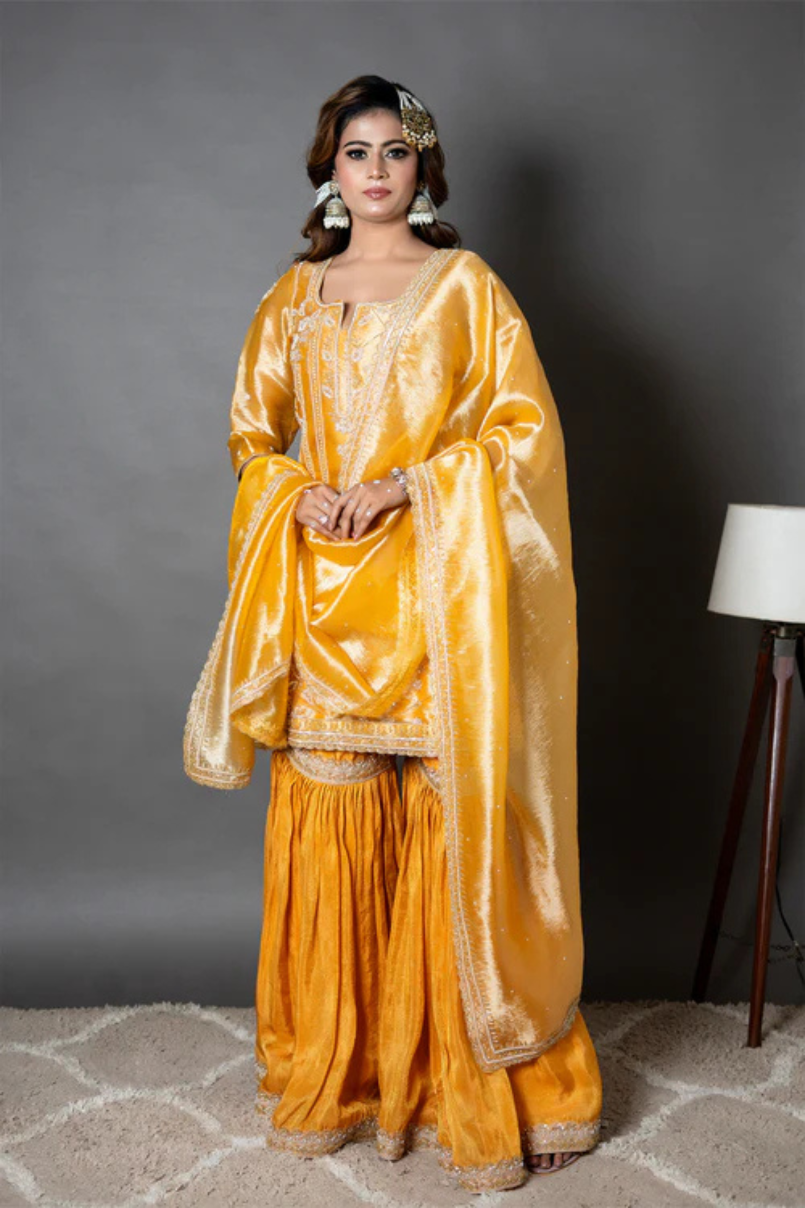 Orange Organza Kurta Gharara Set with Zari, Sequin & Pearl Hand Embroidery Work