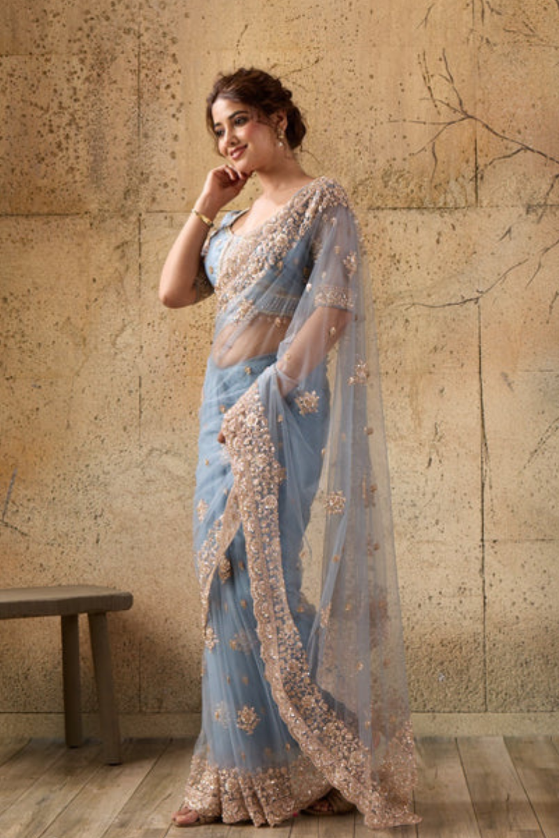 Dusty Blue Net Saree with Hand Embroidery with Stitched Blouse